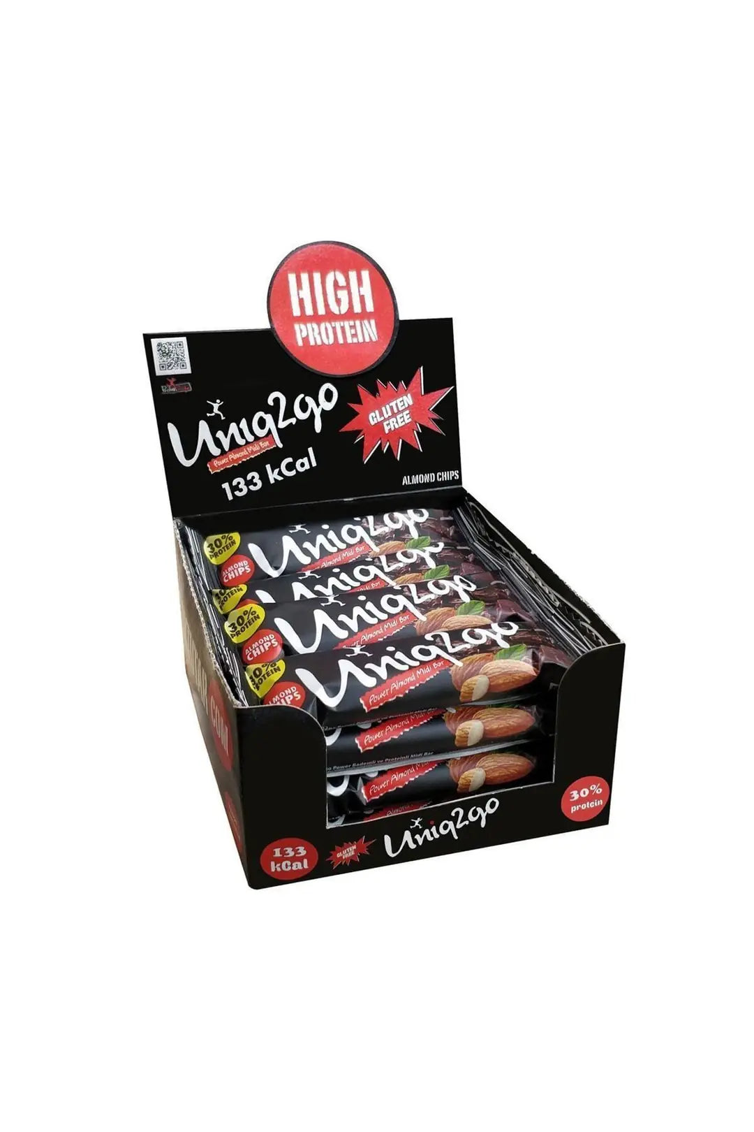 Uniq2go Power Almond Midi 16'lı Kutu 38gr (%30 Protein) Badem Parçacıklı Naturel Proteinli Bar