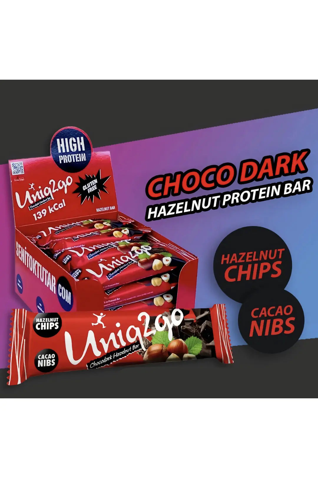 Uniq2go Chocodark Fındıklı Bitter 16lı Kutu 38g Protein Bar