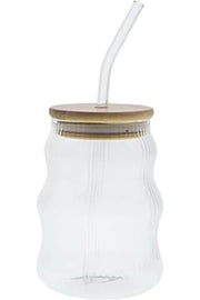 Reovo 500Ml Bambu Kapaklı Cam Bardak, Cam Pipetli Siliko Kapak Cotalı İce Çizgi Deseli Sıcak Soğuk