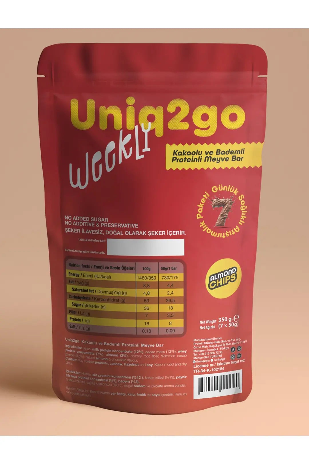 Uniq2go Weekly Kakaolu & Bademli Proteinli Meyve Bar - 7 Adet 50 gr